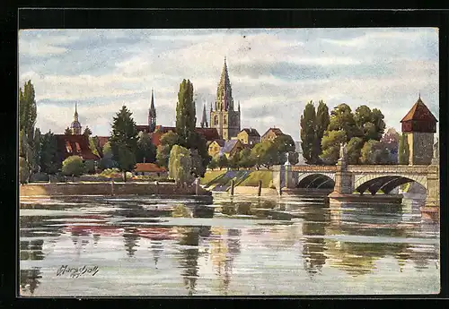 Künstler-AK Vinzenz Marschall: Konstanz am Bodensee, Rheinbrücke, Rheintorturm und Münster
