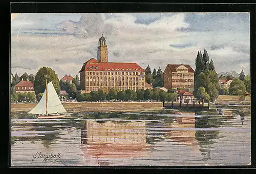 Künstler-AK V.Marschall: Bad Schchen, Ortsansicht mit Segelschiff auf dem Bodensee