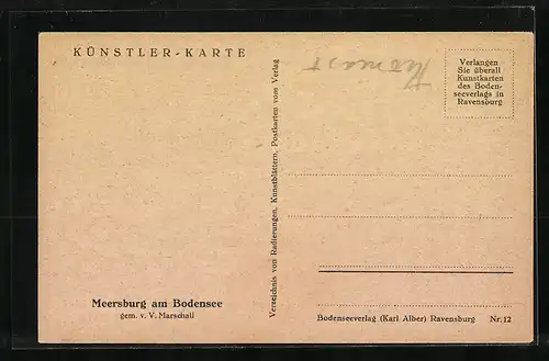 Künstler-AK Vinzenz Marschall: Meersburg /Bodensee, Ortsansicht mit Segelboot