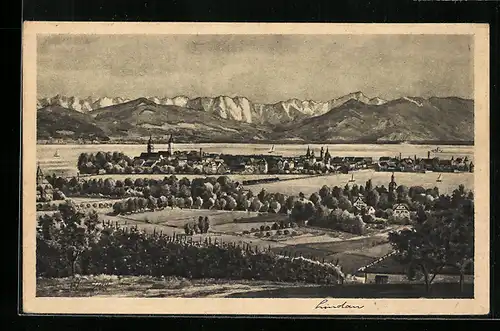 Künstler-AK Vinzenz Marschall: Lindau /Bodensee, Gesamtansicht mit Bergpanorama