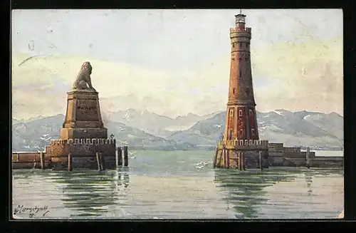 Künstler-AK Vinzenz Marschall: Lindau im Bodensee, Hafen-Einfahrt mit Leuchtturm