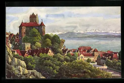 Künstler-AK V.Marschall: Meersburg, Schloss mit Blick zum Bodensee