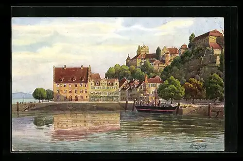 Künstler-AK Vinzenz Marschall: Meersburg am Bodensee, Panoramablick auf den Hafen