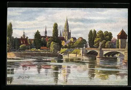 Künstler-AK Vinzenz Marschall: Konstanz /Bodensee, Rheinbrücke, Rheintorturm und Münster