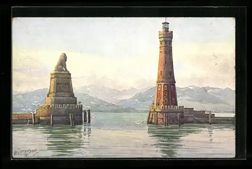 Künstler-AK Vinzenz Marschall: Lindau im Bodensee, Hafen-Einfahrt mit Leuchtturm