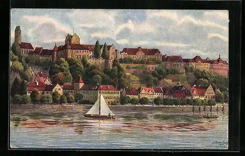 Künstler-AK Vinzenz Marschall: Meersburg am Bodensee, Teilansicht mit Segelboot