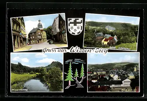 AK Wissen-Sieg, Marktplatz mit Geschäften, Blick vom Löh, Wisserbachtal