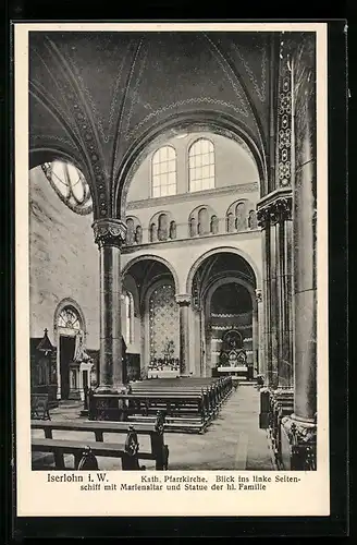 AK Iserlohn i. W., Katholische Pfarrkirche, Linkes Seitenschiff mit Marienaltar und Statue der heiligen Familie