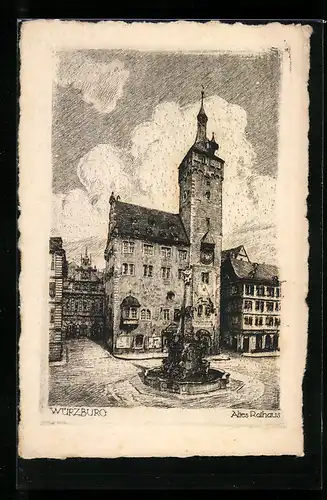 Künstler-AK Würzburg, Altes Rathaus mit Brunnen