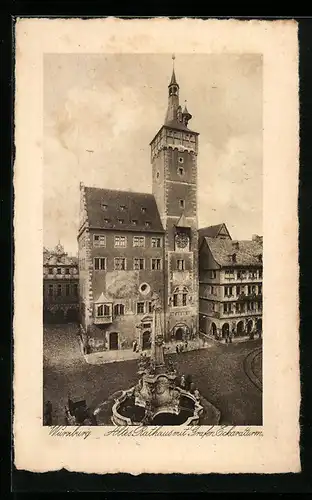 AK Würzburg, Altes Rathaus mit Grafen Eckardturm und Brunnen