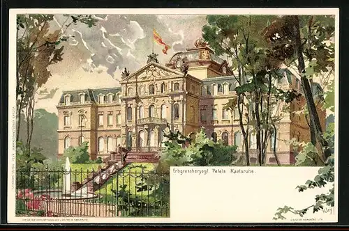 Lithographie Karlsruhe, Erzherzogliches Palais mit Springbrunnen