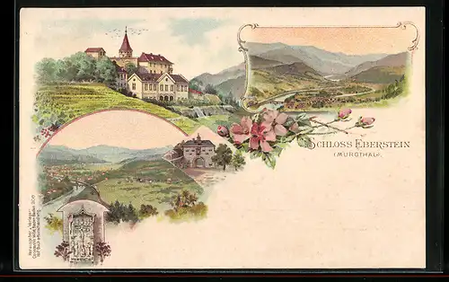 Lithographie Gernsbach, Teilansicht, Schloss Eberstein im Murgthal, Tor