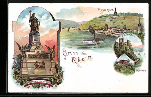 Lithographie Rüdesheim, Panorama mit Rheinpartie, National-Denkmal und Schweizerhaus