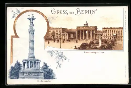 Lithographie Berlin, Brandenburger Thor, Siegessäule