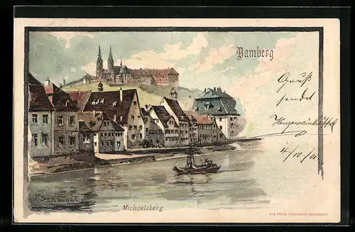 Künstler-AK P.Schmohl: Bamberg, Flusspartie mit Blick zum Michaelsberg