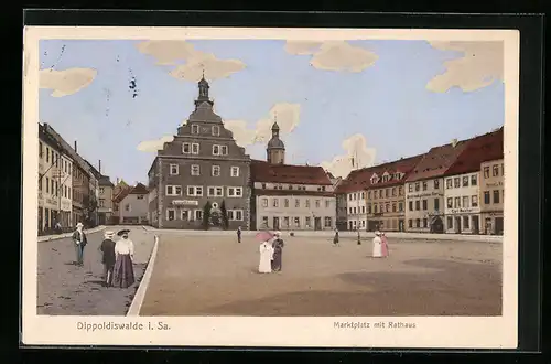 AK Dippoldiswalde i. Sa., Marktplatz mit Rathaus