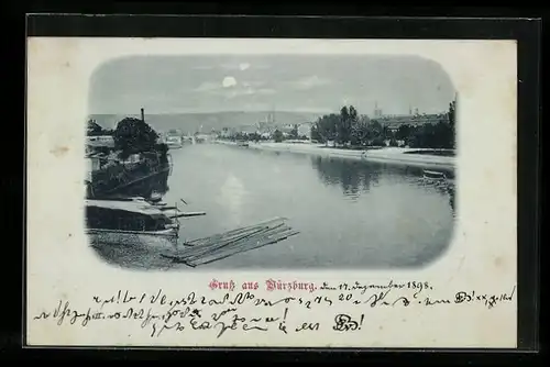 Mondschein-AK Würzburg, Uferpartie, Panorama