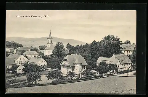 AK Crostau i. O.-L., Panorama mit Kirche