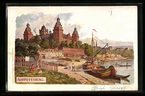 Künstler-AK A. Hoek: Aschaffenburg, Partie am Wasser