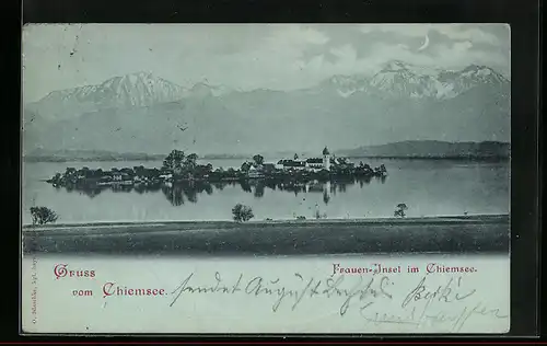 Mondschein-AK Frauen-Insel i. Chiemsee, Inselansicht mit Bergpanorama