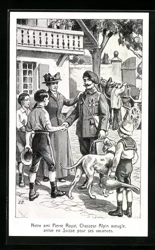 Künstler-AK Suisse, Pierre Royat, Chasseur Alpin aveugle, Blinder Soldat