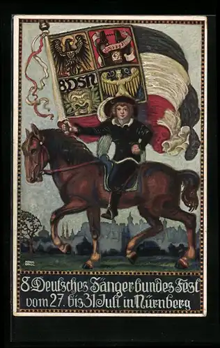 Künstler-AK Herm. Gradl: Nürnberg, 8. Deutsches Sängerbundesfest 1912, Fahnenträger zu Pferde vor der Nürnberger Burg