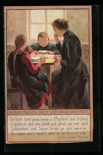 Künstler-AK Zürich, Kriegsnotunterstützung, Arme Frau mit ihren Kindern bei karger Kost