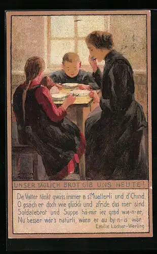Künstler-AK Zürich, Kriegsnotunterstützung, Arme Frau mit ihren Kindern bei karger Kost