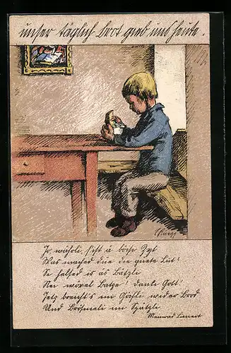 Künstler-AK Zürich, Kind zu Tisch, Unser täglich Brot gieb uns heute., Kriegsnot