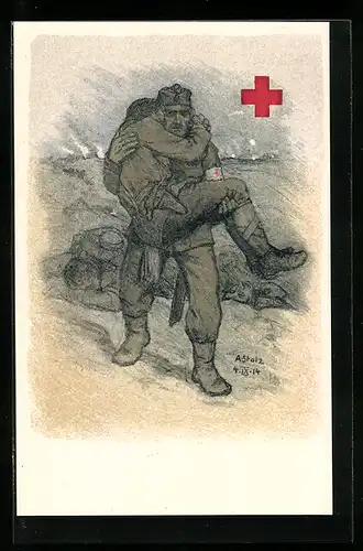 Künstler-AK Rot Kreuz Sanitäter trägt verwundeten Soldat vom Schlachtfeld