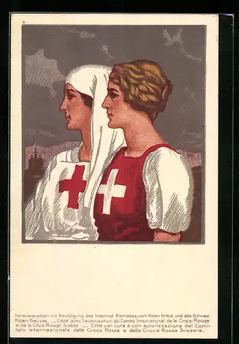 Lithographie zwei Frauen in roter Kreuz Uniform, Rotes Kreuz