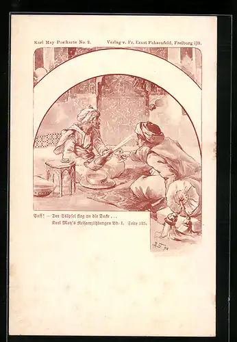 Künstler-AK Karl May`s Reiseerzählungen, Bd. I, Seite 525, Der Stöpsel flog an die Decke