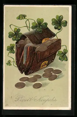 Präge-AK Geld im Portemonnaie mit Kleeblättern, Neujahrsgruss