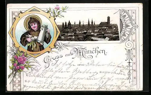 Lithographie München, Teilansicht, Münchner Kindl mit Bierkrug