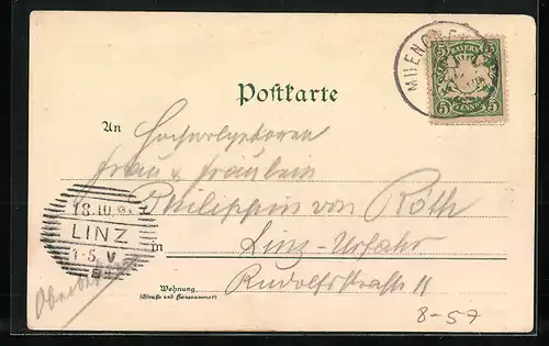 Lithographie München, Münchner Kindl mit Bierkrug, Im Hintergrund Frauenkirche