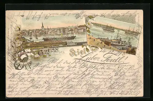 Vorläufer-Lithographie Kiel, Kriegshafen und Dampfschiffsbrücke 1893