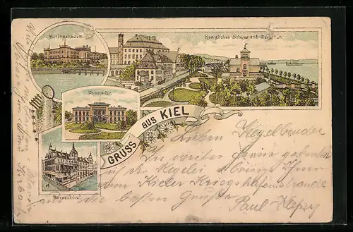 Vorläufer-Lithographie Kiel, Königliches Schloss, Marineakademie, Universität, Börsenhotel 1895