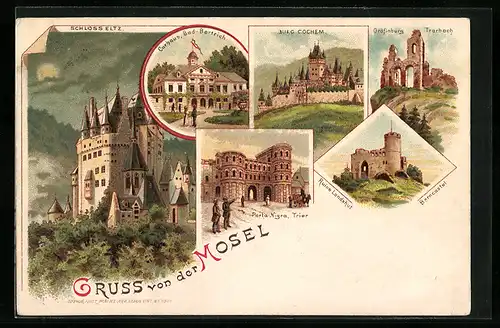 Lithographie Bad Bertrich, Curhaus, Schloss Eltz, Burg Cochem, Porta-Nigra in Trier