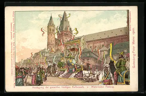 Lithographie Mainz, Gutenberg-Feier 1900, Festpostkarte, Buchdruck
