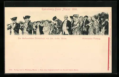 AK Mainz, Gutenberg-Feier 1900, Festpostkarte, Buchdruck, Der Halberstädter Dichterkreis