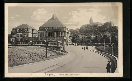 AK Siegburg, Partie am Landratsamt, Strassenbahnen