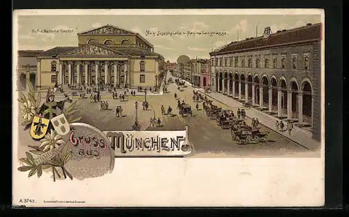 Lithographie München, Hof- und Nationaltheater, Maximilianstrasse