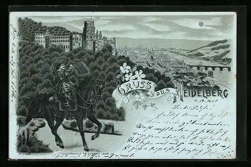 Mondschein-Lithographie Heidelberg, Totalansicht aus der Vogelschau, Trompeter