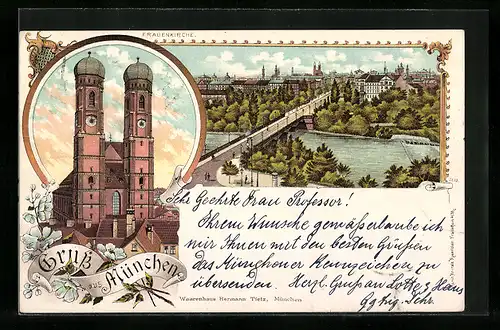 Lithographie München, Frauenkirche, Flusspartie