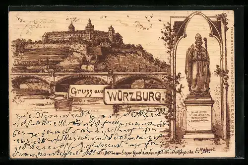 Holzbrand-Imitations-AK Würzburg, Schloss, Weinberge