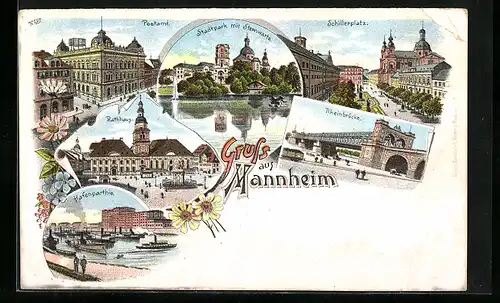 Lithographie Mannheim, Postamt, Stadtpark, Schillerplatz