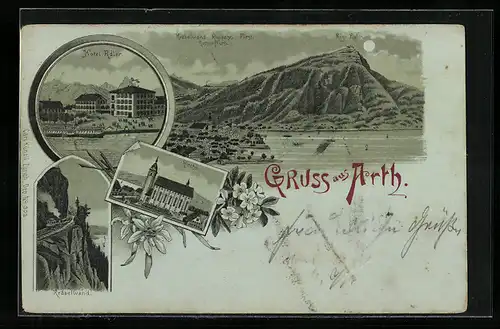 Mondschein-Lithographie Arth, Hotel Adler, Kirche, Kräbelwand