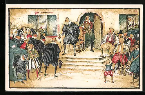 Künstler-AK Basel, Wettstein und Riehen Festspiel 1923, alter Mann vor seinem Haus mit Volk