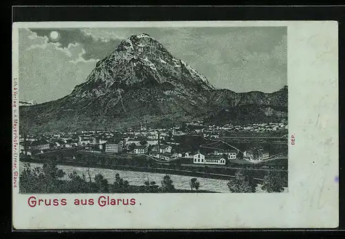 Mondschein-Lithographie Glarus, Teilansicht mit Berg