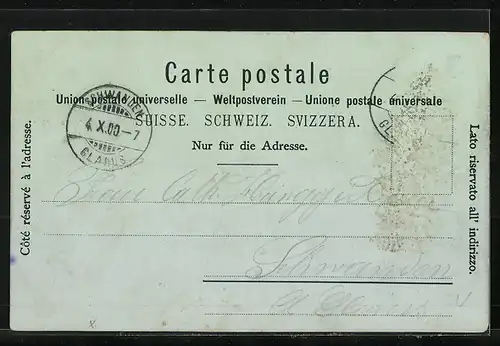 Mondschein-Lithographie Glarus, Teilansicht mit Berg